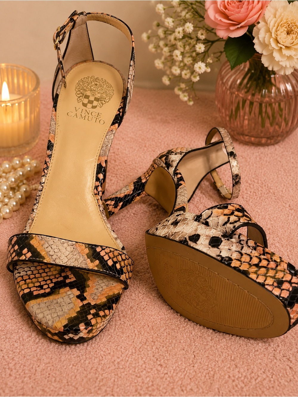 Vince Camuto Peach, Tan and Black Snake-Print Ankle-Strap Heels